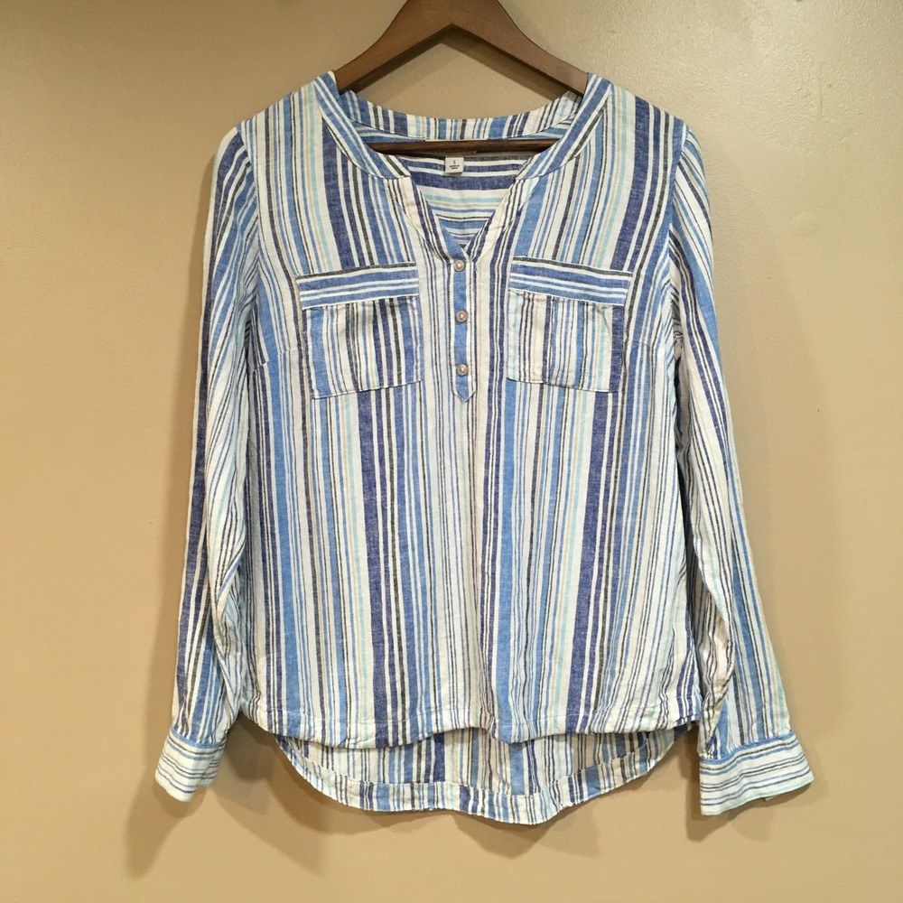 Croft‎ & Barrow Roll Tab Sleeve Linen Henley Top Womens S Blue Stripe Coastal